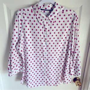 Foxcroft White & Hot Pink Polka Dot 3/4 Sleeve Button Down Dress Shirt 14